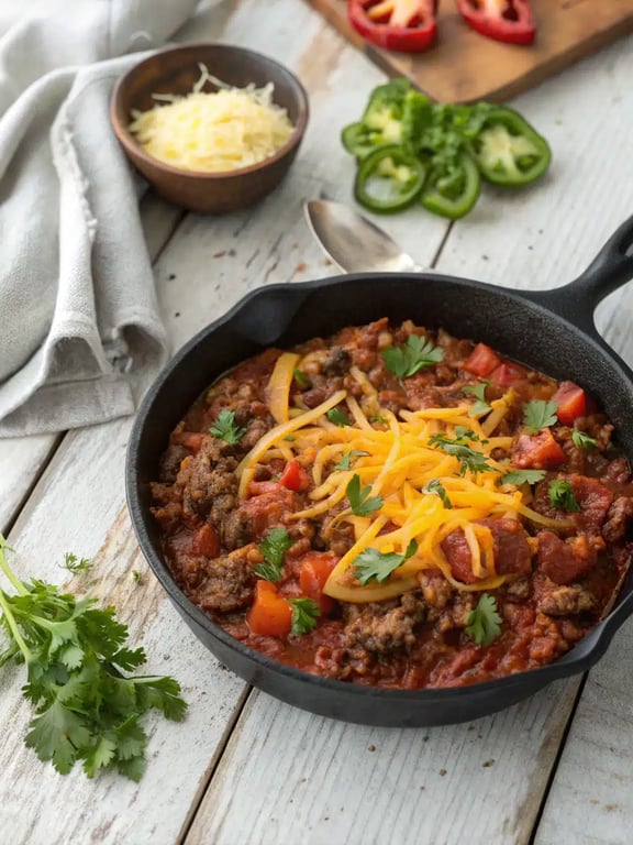 This easy ground beef skillet recipe is a complete meal with rice and veggies, all topped with melted cheddar cheese and served right from the pan.