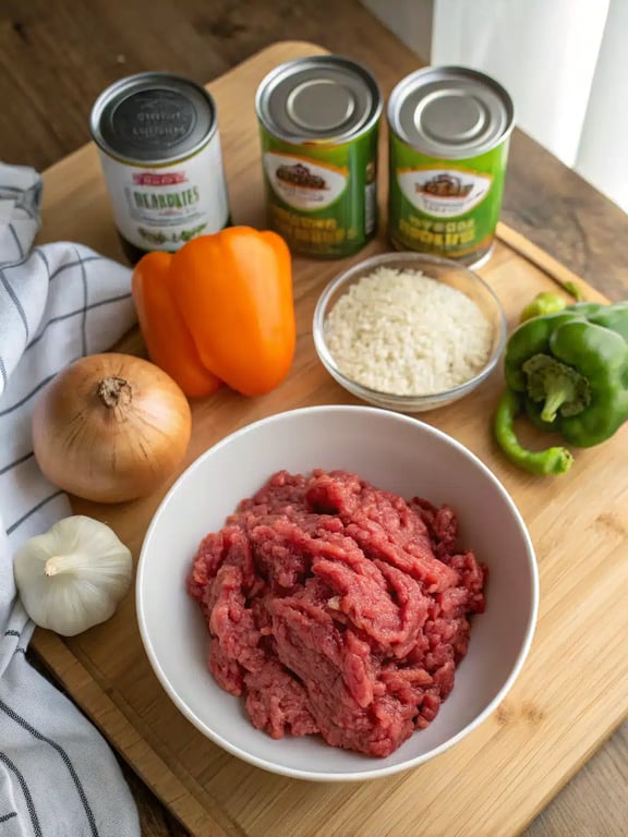 ground beef skillet ingredients ground beef skillet ingredients arranged on the counter