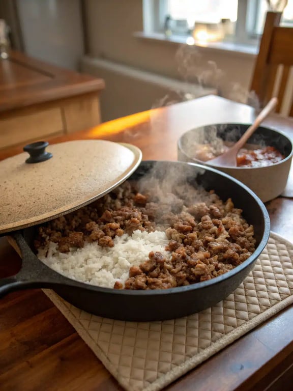 ground beef skillet — final step Final step for ground beef skillet — plated and ready