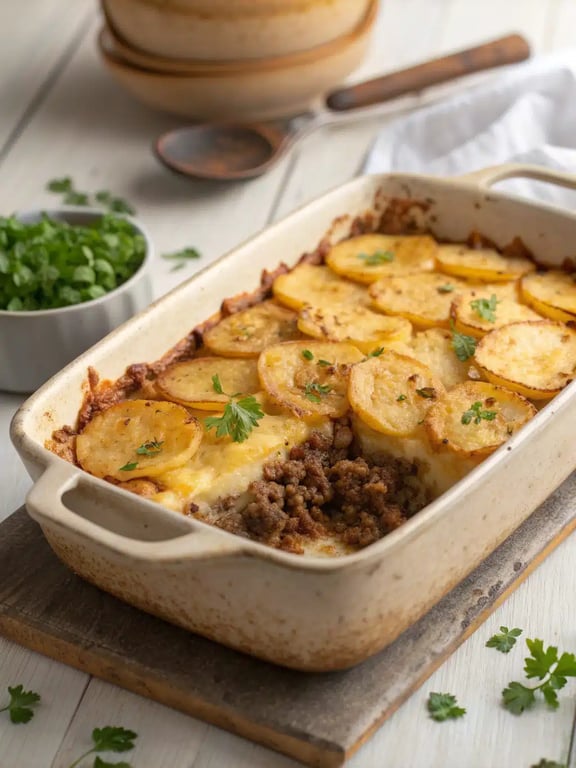 This easy hamburger potato casserole layers seasoned ground beef, sliced potatoes, and a rich, cheesy sauce, all baked to golden perfection for a comforting family dinner.