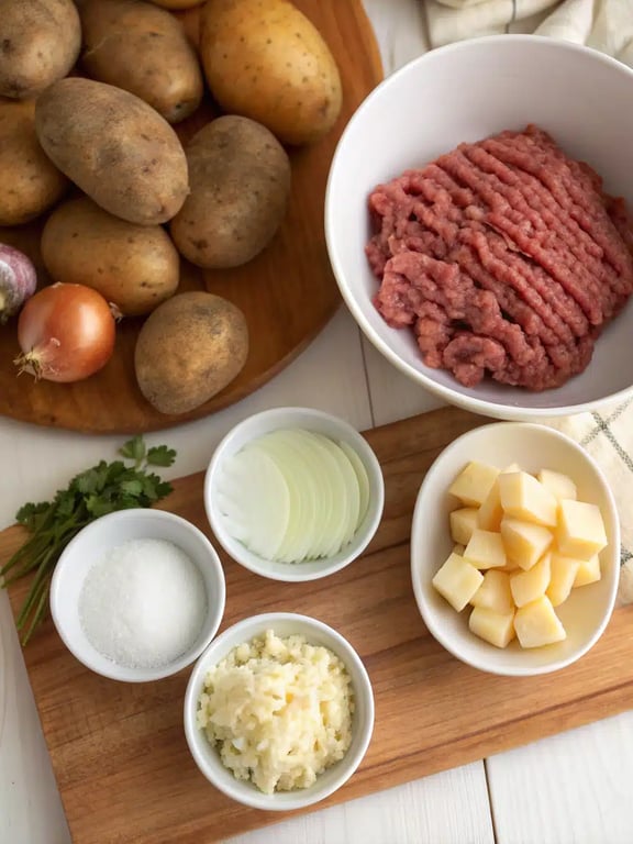 Ingredients for hamburger potato casserole All ingredients for hamburger potato casserole neatly arranged on a kitchen counter