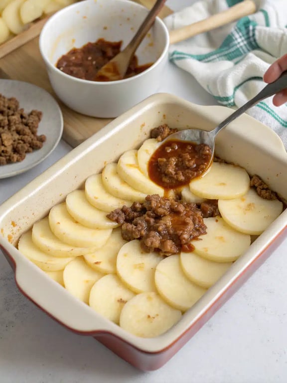 Layering the hamburger potato casserole Layering the hamburger potato casserole with beef, sauce, and cheese