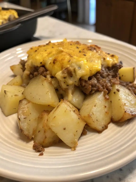 Serving hamburger potato casserole with salad A served plate of hamburger potato casserole with a fresh green salad on the side