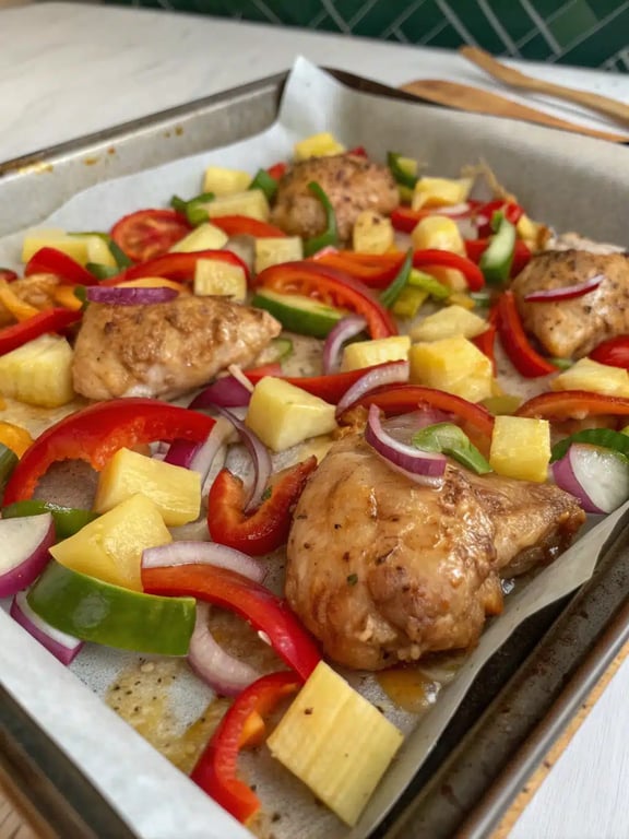 Step 4 for Hawaiian chicken sheet pan — arranging chicken and vegetables on pan
