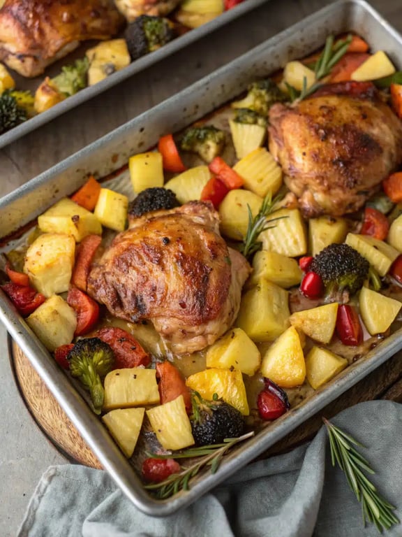 Final step for Hawaiian chicken sheet pan — plated over rice with green onions