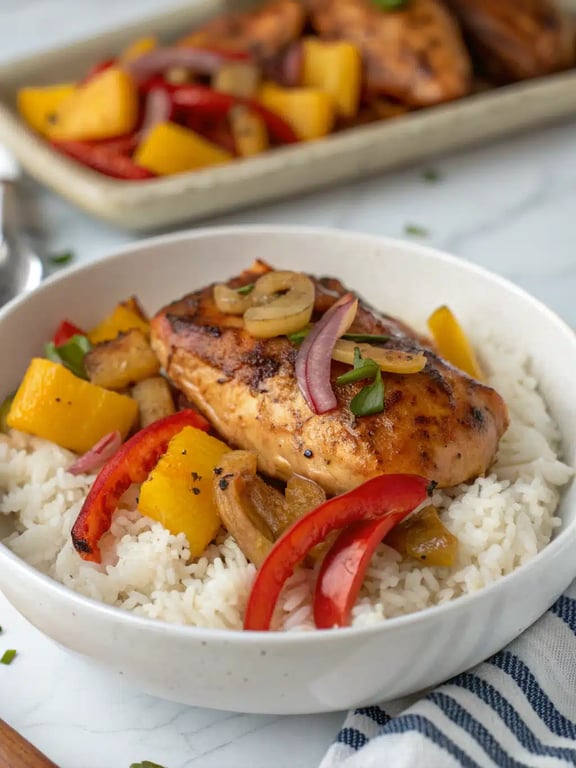 Hawaiian chicken sheet pan beautifully plated with rice and garnishes