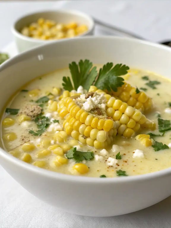 Mexican street corn soup beautifully plated with colorful toppings in a rustic bowl