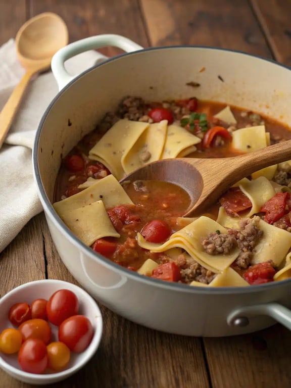 Step 4 for one pot lasagna soup — texture check
