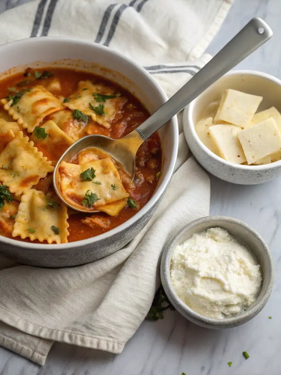 Final step for one pot lasagna soup — plated and ready