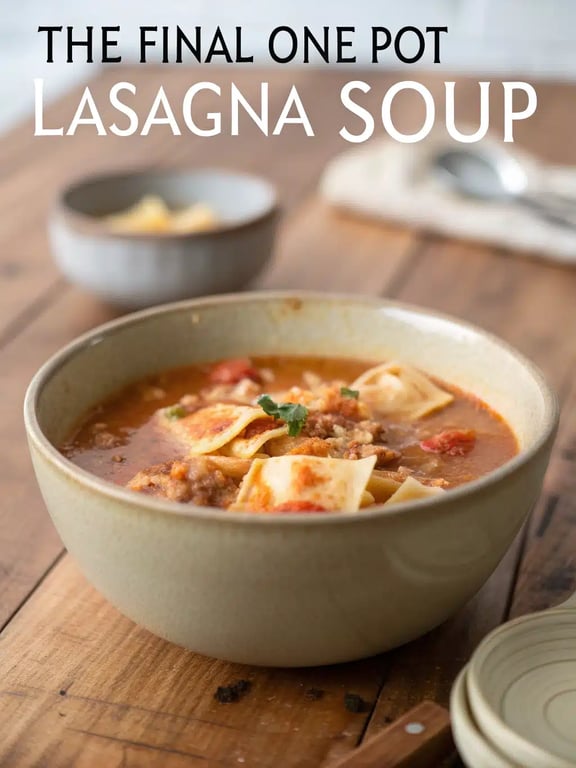 one pot lasagna soup beautifully plated with garlic bread on the side