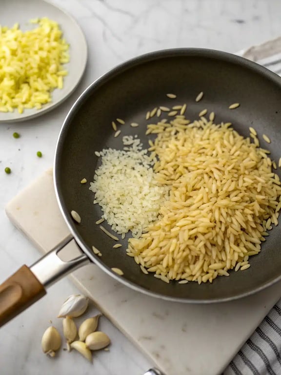 Step 2 for one pot orzo — toasting the orzo in the skillet