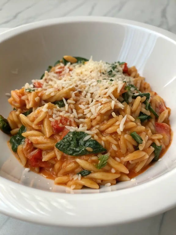 one pot orzo plated with a side salad and grilled chicken