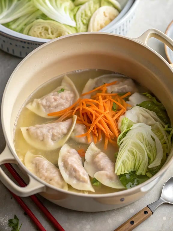 Final step for pot sticker soup — plated and ready