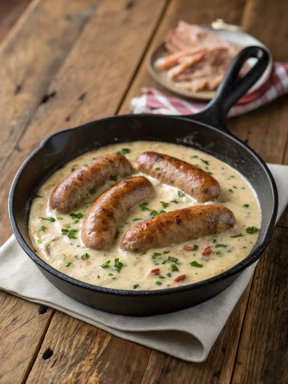 sausage skillet recipe plated with sides of rice and roasted vegetables