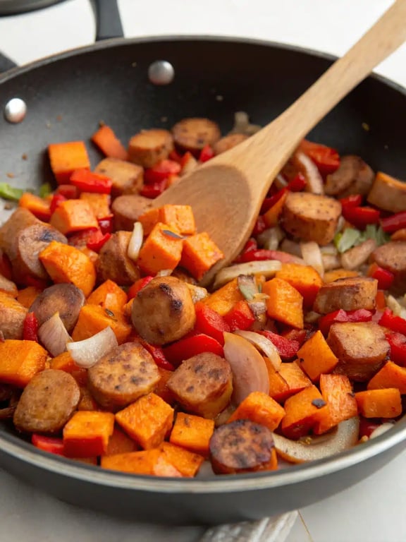 Step 4 for sausage sweet potato skillet — texture check