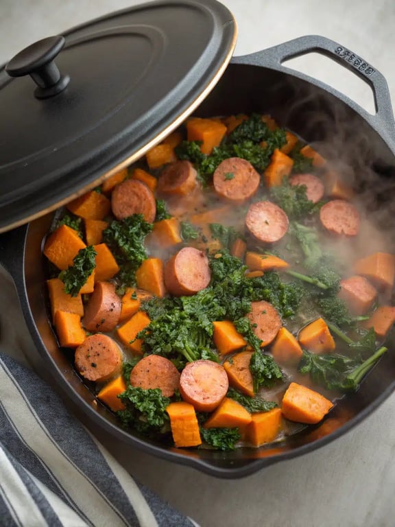 Final step for sausage sweet potato skillet — plated and ready