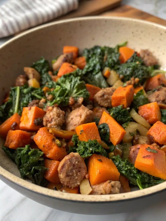 sausage sweet potato skillet plated with avocado slices and fresh herbs