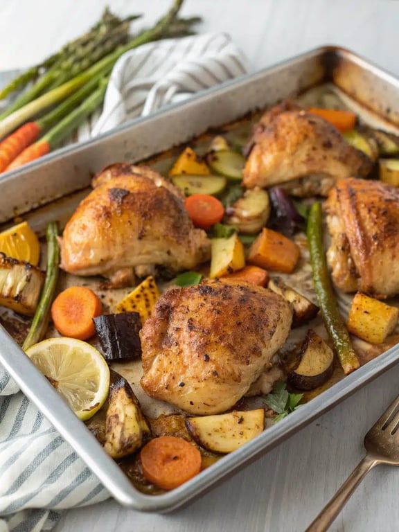 sheet pan chicken served family-style on a rustic table