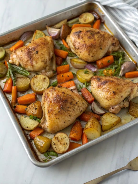 Sheet Pan Chicken plated beautifully with fresh herbs