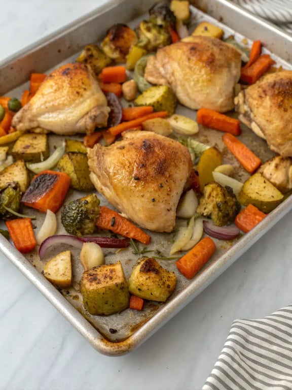 sheet pan chicken beautifully plated with fresh herbs