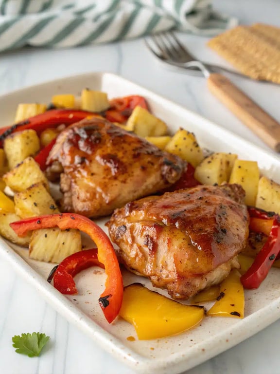 Sheet Pan Hawaiian Chicken plated with steamed rice and garnishes
