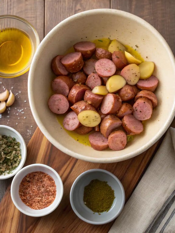Step 2 for sheet pan kielbasa dinner — process in progress