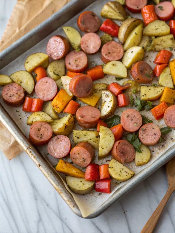 Step 4 for sheet pan kielbasa dinner — texture check