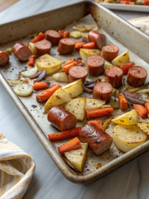 Final step for sheet pan kielbasa dinner — plated and ready