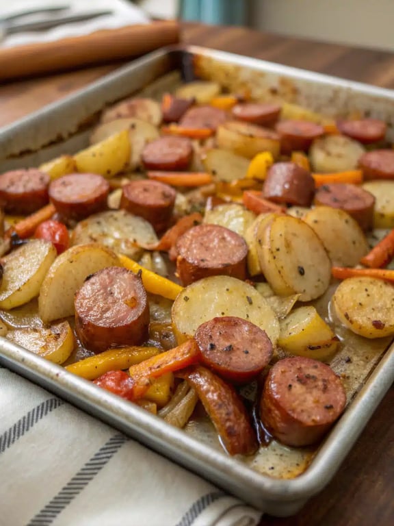 sheet pan kielbasa dinner plated with a side salad and bread