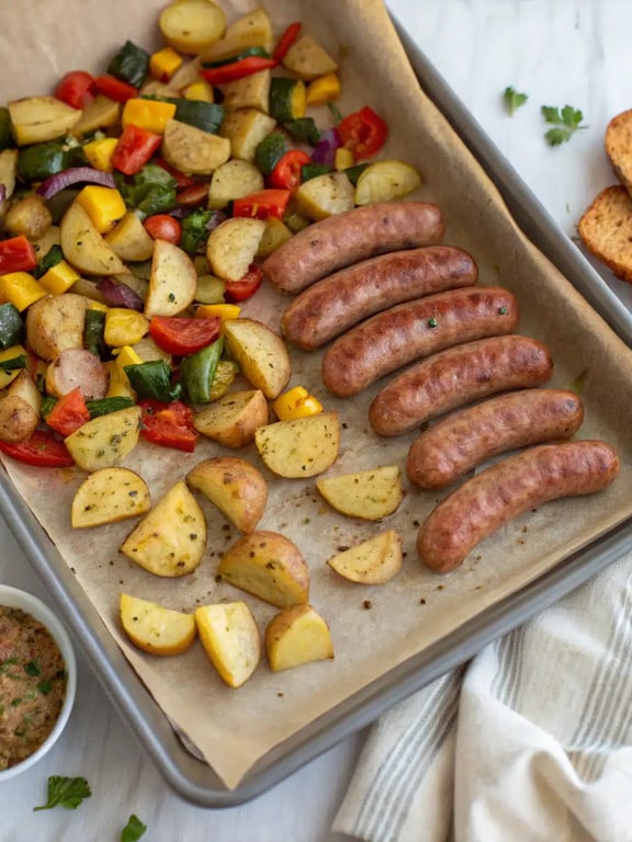 Final step for sheet pan sausage veggies — plated and ready