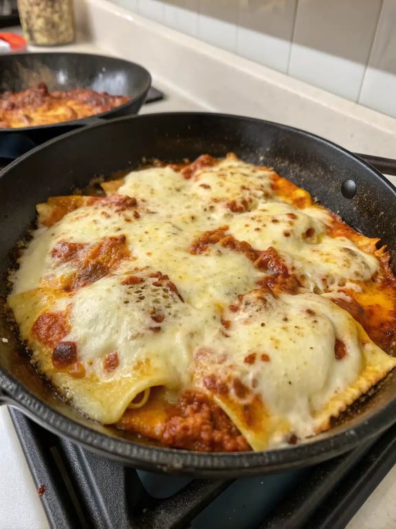 skillet lasagna recipe — final step Final step for skillet lasagna recipe — plated and ready