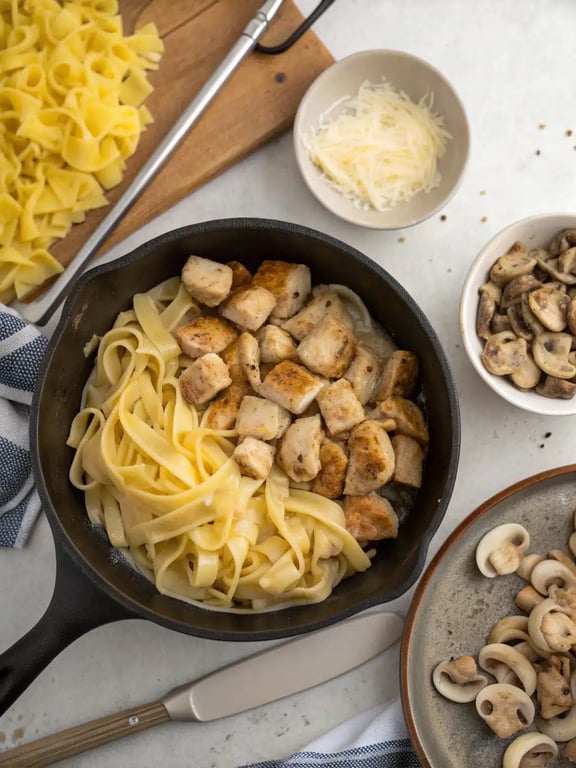 Step 4 for baked chicken stroganoff — creamy sauce simmering in a skillet