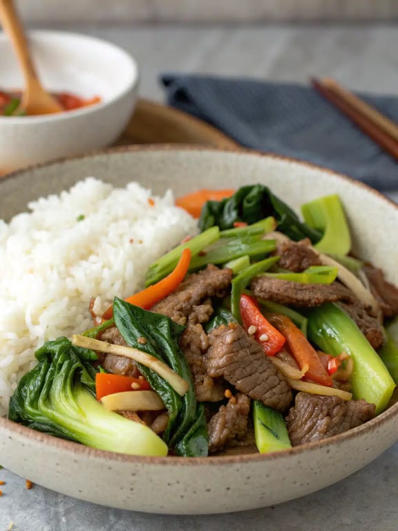 A family-style table setting with a large bowl of bok choy beef stir fry and individual bowls of rice
