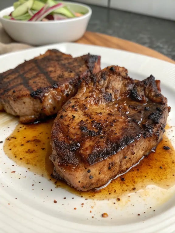 brown sugar beef chops plated with mashed potatoes and green beans