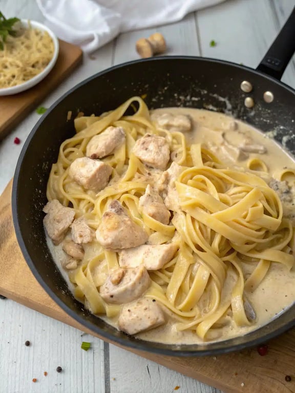 Final step for Cajun chicken pasta — plated and ready