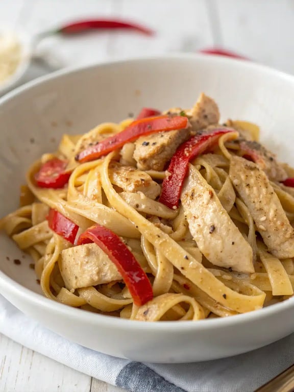 Beautifully plated Cajun chicken pasta with fresh parsley garnish