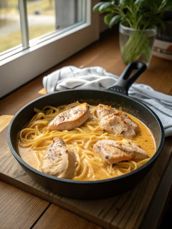 Final step for Cajun chicken pasta — plated and ready