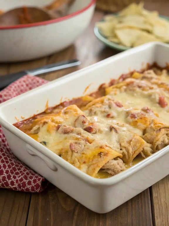 chicken burrito casserole plated with fresh toppings and sides