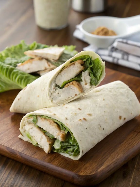 Serving chicken caesar wraps A platter of sliced chicken caesar wraps served with fresh sides