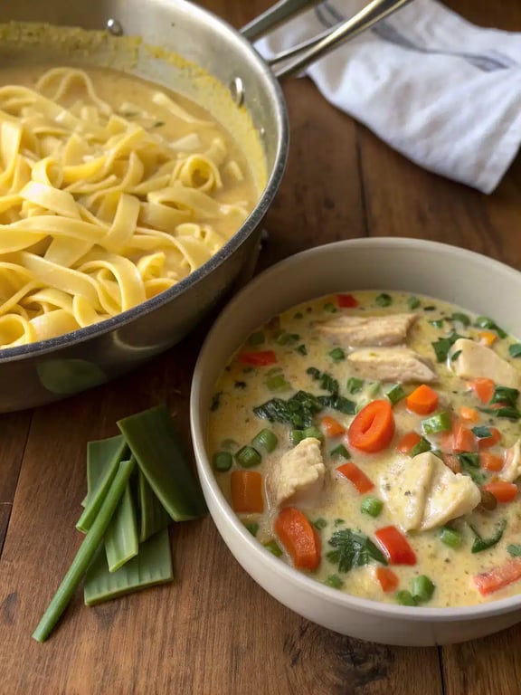 Final step for chicken pot pie pasta — plated and ready