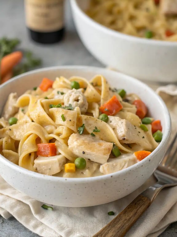 chicken pot pie pasta beautifully plated with salad and bread on the side