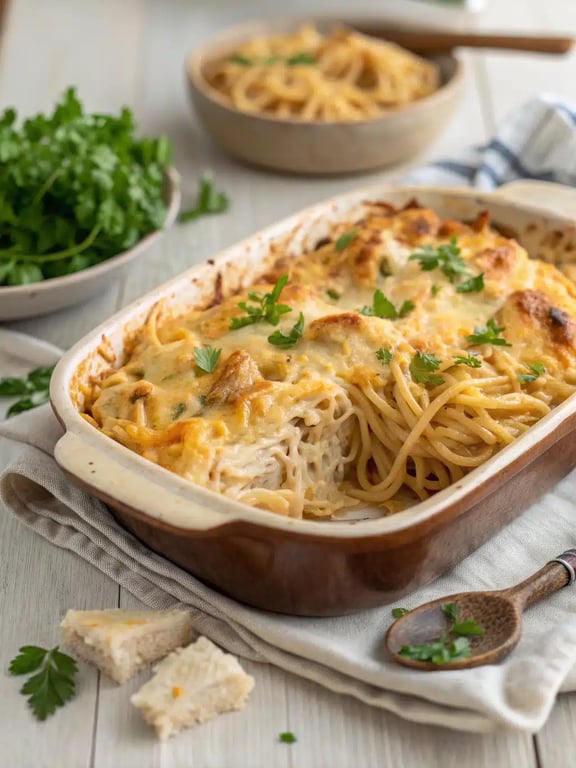 Chicken Spaghetti Casserole with a Quick Golden Crust