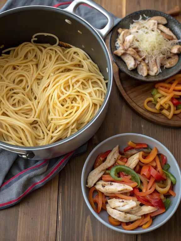 Step 2 for chicken spaghetti casserole — process in progress