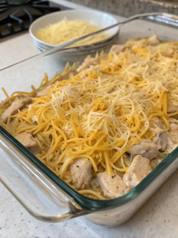 Final step for chicken spaghetti casserole — plated and ready