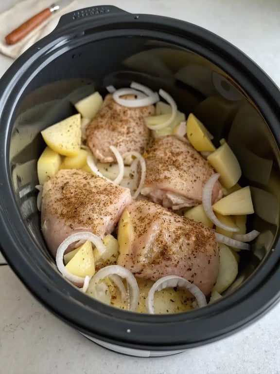 Step 2 for crockpot chicken potatoes — process in progress