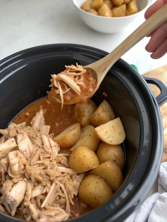 Final step for crockpot chicken potatoes — plated and ready