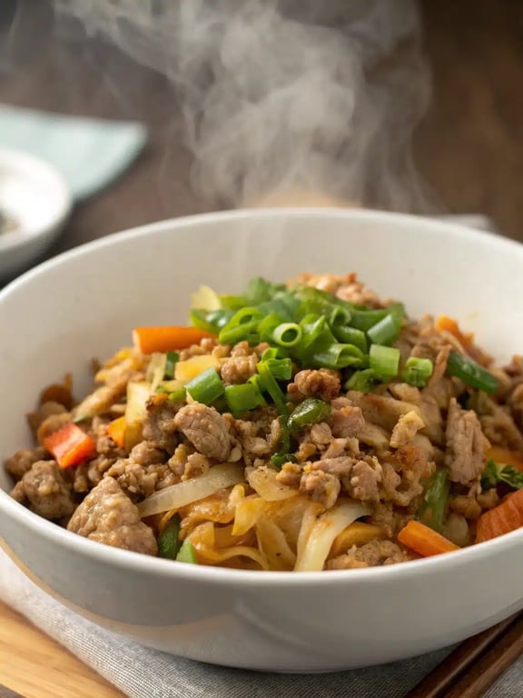 egg roll bowl beautifully plated with rice and garnishes