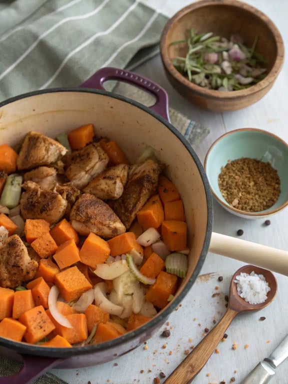 Step 4 for fall dinner ideas — checking sweet potato tenderness in the simmering stew