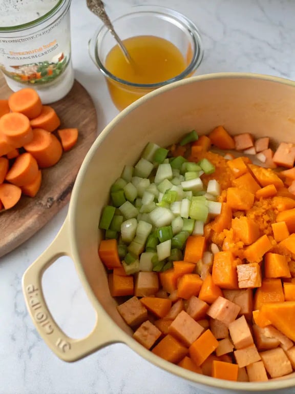 Step 4 for fall soup recipes — checking vegetable tenderness with a fork