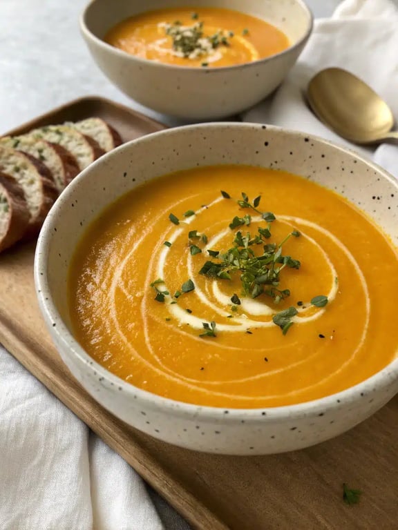 A beautifully served bowl of fall soup recipes with crusty bread on the side
